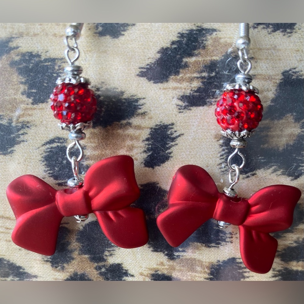 Elegant Red Bow and Sparkling Rhinestone Earrings